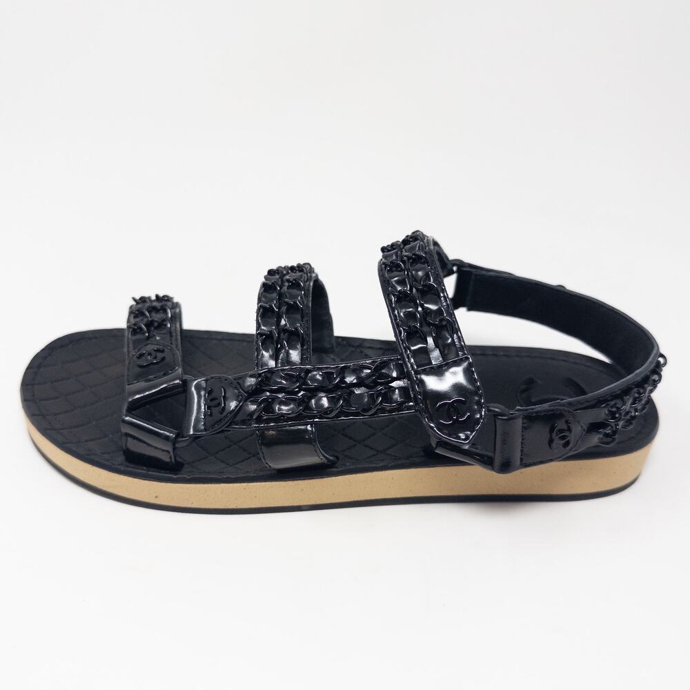 Chanel Chain Dad Sandals Black Laminated Goatskin G33800 Size 38 New in Box